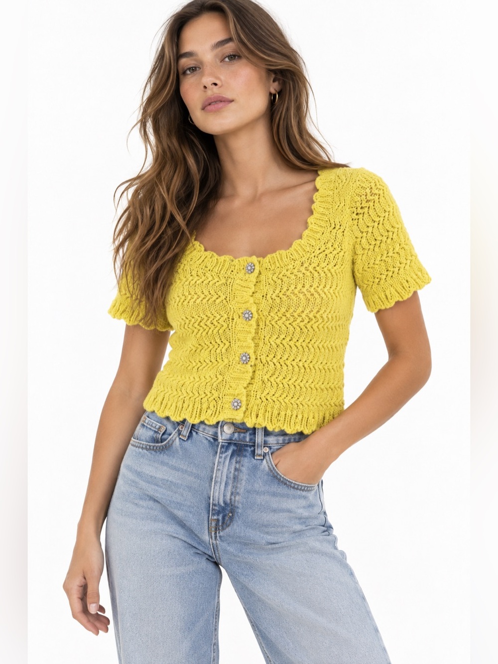 Zara Yellow Crochet Knit Cardigan Top XS Cotton Cottagecore Y2K